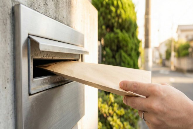 郵便ポストに茶封筒を投函する日本人の手、不在配達、メール便のメリット