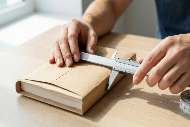 荷物の厚さを定規で測る様子、メール便のサイズ制限、3cm以内、クリックポスト