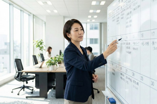 カレンダーを見ながらDM発送の戦略を練る日本人女性マーケティング担当者