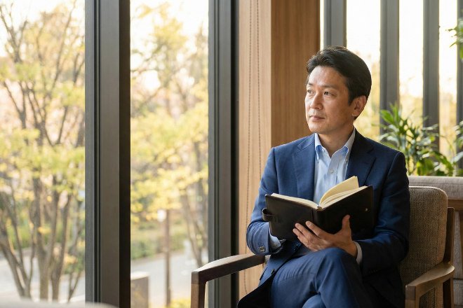 季節の変わり目を感じながらスケジュール帳を確認する日本人男性