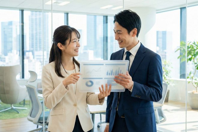 チームでデータを見ながら成果を喜び合う日本人ビジネスチーム