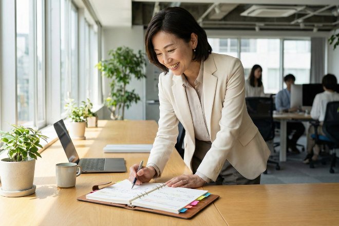 カレンダーと手帳でDM発送スケジュールを確認する日本人マーケティング担当者