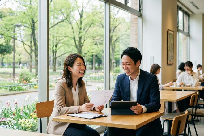 季節の変わり目を感じさせる窓辺で思考を巡らせる日本人ビジネスマン