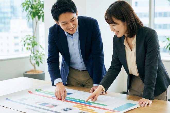 カフェのテーブルに置かれたDMとスマホ、リラックスした日本人