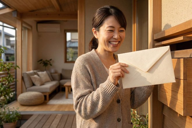 自宅のポストから嬉しそうにDM（手紙）を取り出す日本人女性