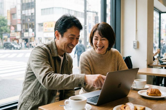 パソコンの前で成果を確認し、安心した表情の日本人店舗オーナー