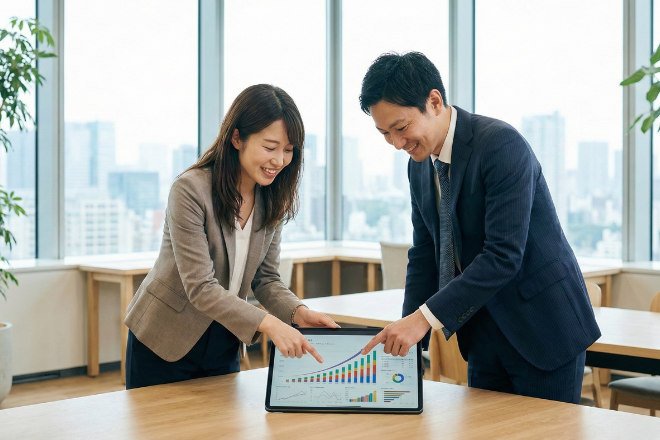 グラフが表示されたタブレットを見ながら分析する日本人マーケティングチーム