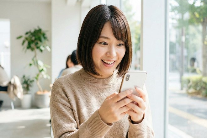 スマホ画面に通知が届き、嬉しそうな表情の日本人女性