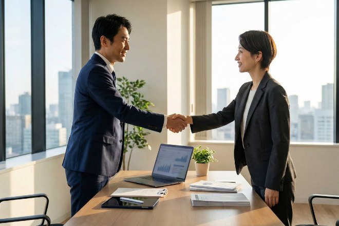 握手をするビジネスパートナー、成功と連携の象徴