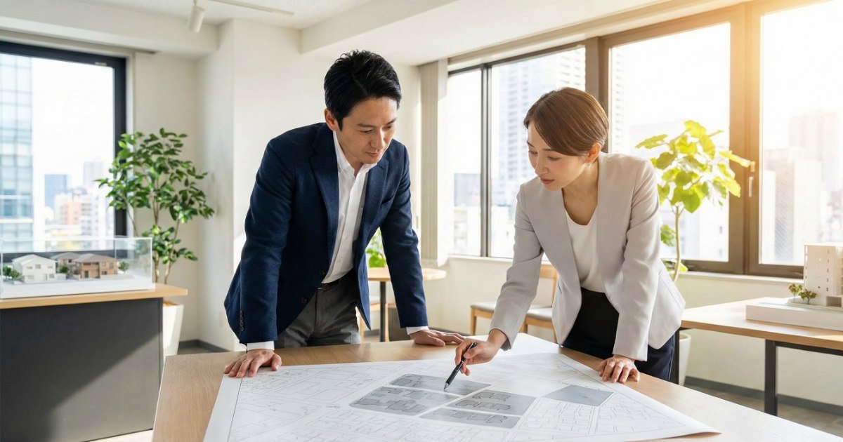 オフィスでエリアマップを広げて戦略を練る日本の不動産会社スタッフ
