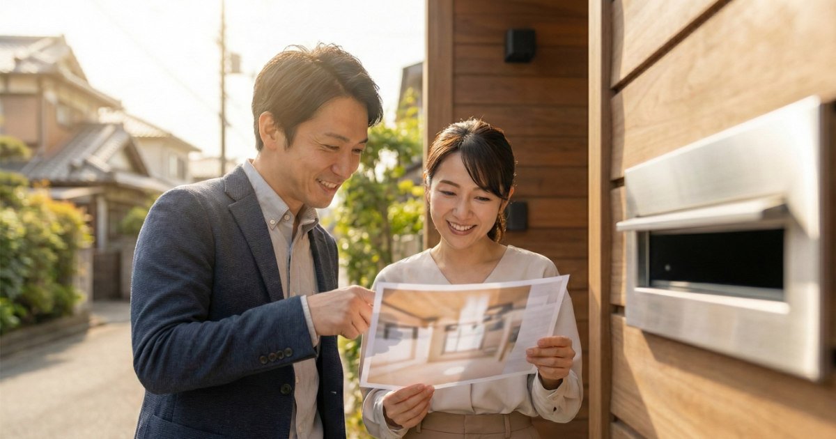 自宅の玄関先でポスティングチラシを興味深そうに見る日本人夫婦