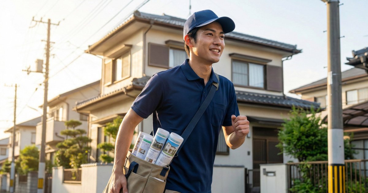 制服を着てきびきびとポスティングを行うプロのスタッフ