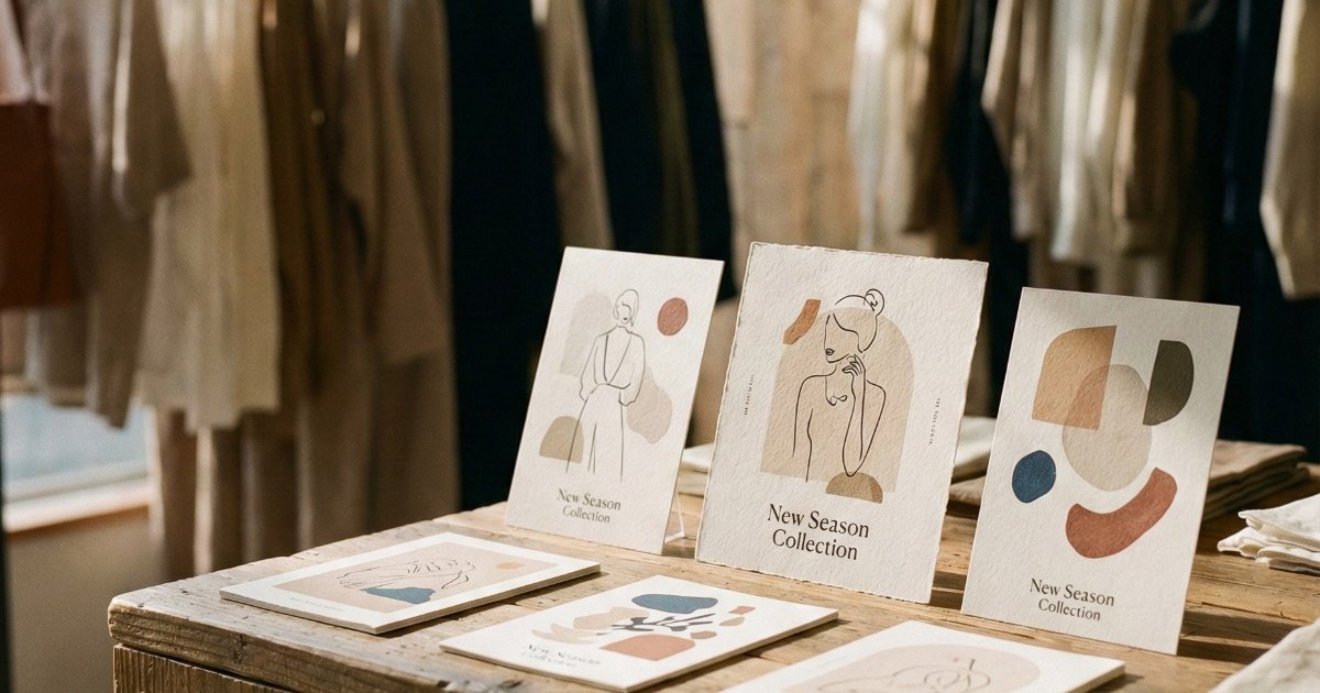 おしゃれなアパレルショップのカウンターに置かれたDMと新作の洋服