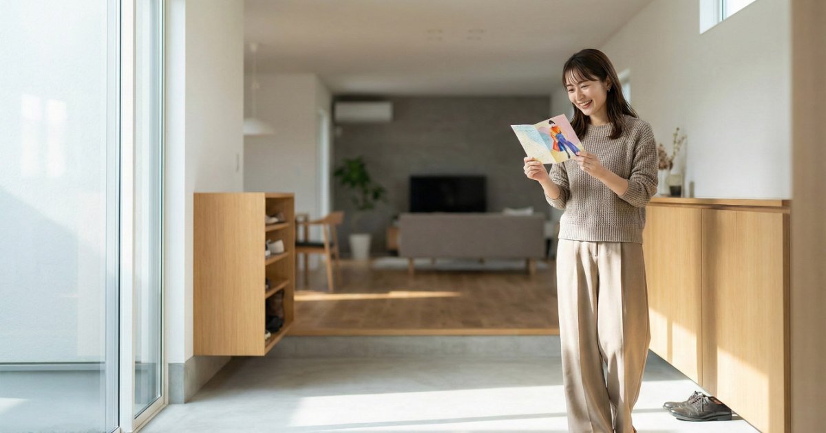 自宅のポストに届いたショップからのDMを嬉しそうに見る日本人女性