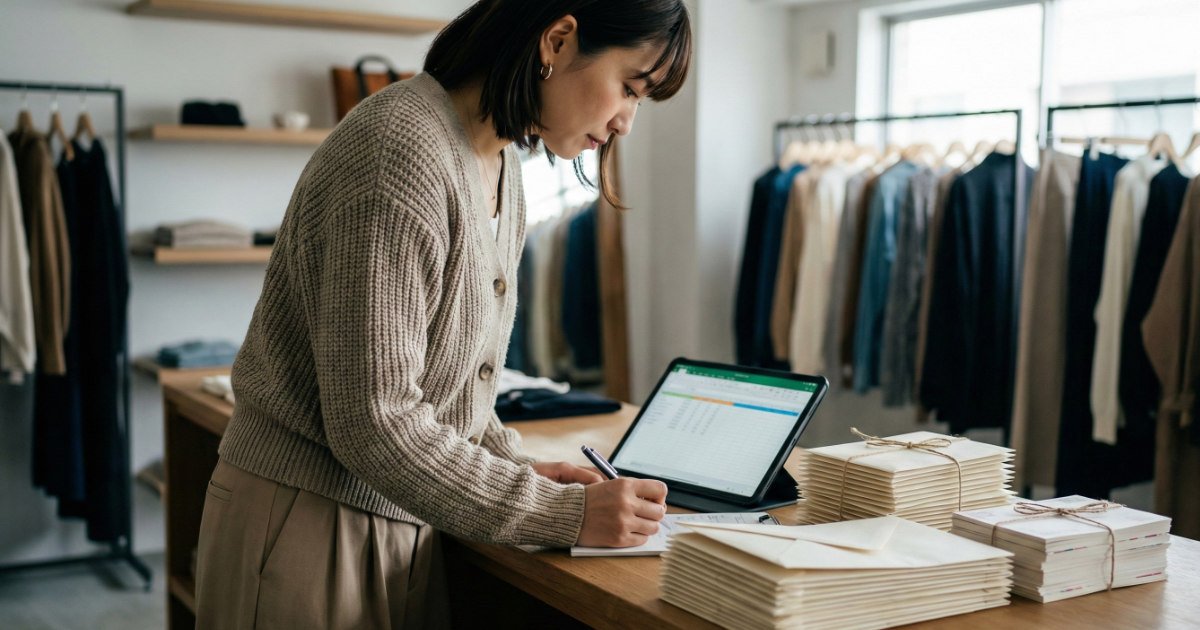 カレンダーとDMリストを確認しながら発送準備をするアパレル店員