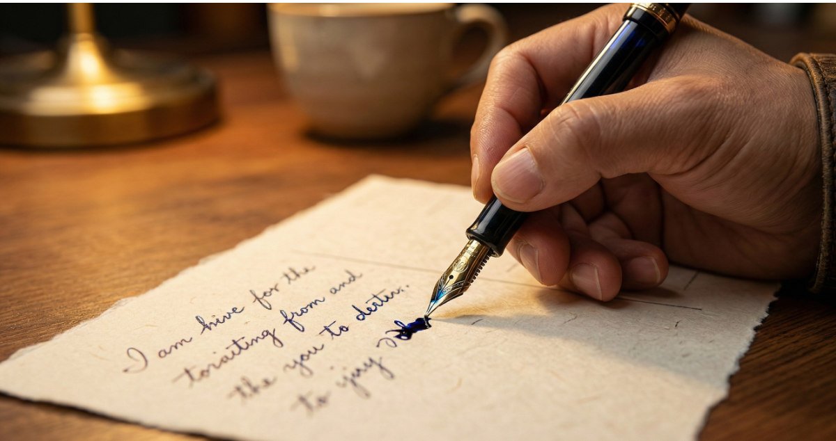 万年筆でハガキに手書きメッセージを書いている手元のクローズアップ