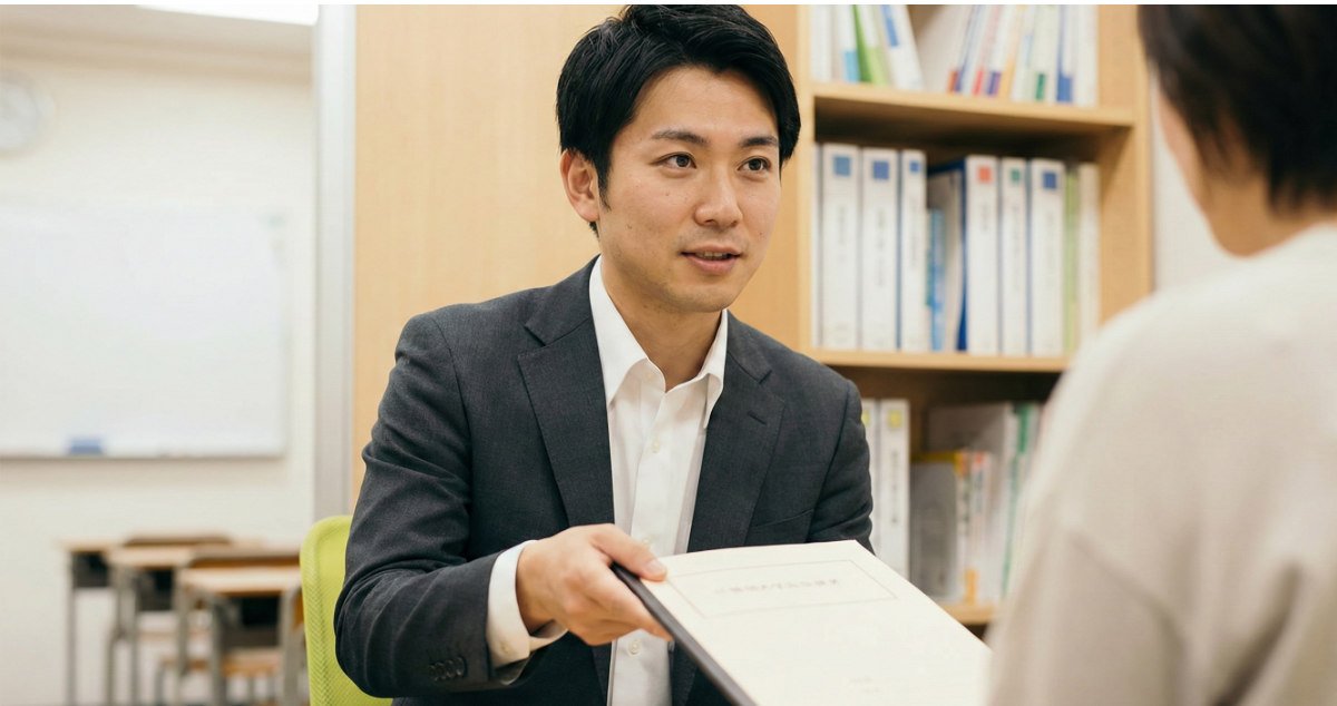 誠実そうな日本人男性塾講師が、保護者に丁寧に説明している面談風景