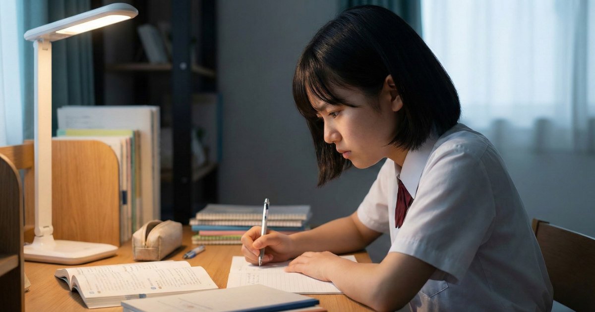 集中して勉強に取り組む日本の中学生（横顔）と、それを支える環境