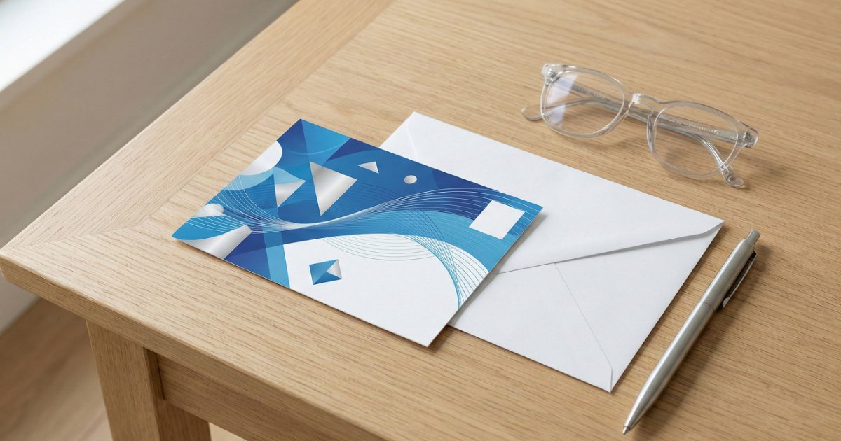 デスクに置かれた信頼感のあるデザインのDM、封筒、文房具（フラットレイ）