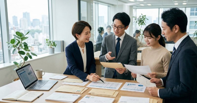 DM発送と個人情報管理をイメージした日本のビジネスオフィス