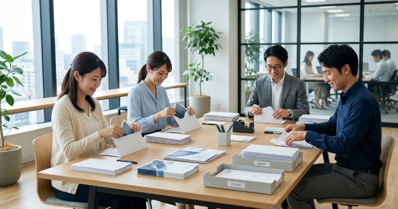 DM発送作業を行う日本のビジネススタッフ