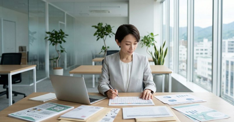 DM発送計画を確認する日本のマーケティング担当者