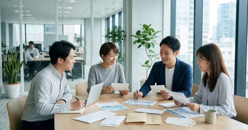 ダイレクトメールマーケティングを企画する日本のビジネスチーム