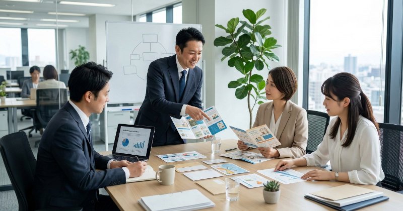 DMマーケティング資料を確認するビジネスチーム