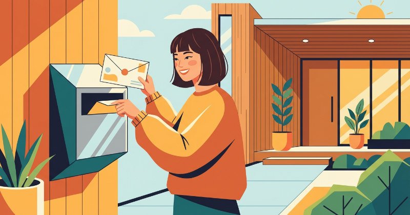 自宅の郵便ポストからDMを取り出し笑顔を見せる日本人女性のイラスト
