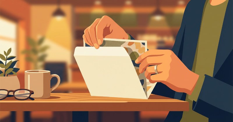 カフェのテーブルで圧着DMの端をめくっている手元のイラスト