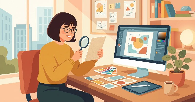 デザイン事務所で紙のサンプルや色見本を広げる日本人デザイナーのイラスト