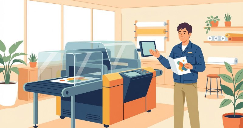 明るい印刷工場で仕上がった印刷物をチェックする日本人スタッフのイラスト