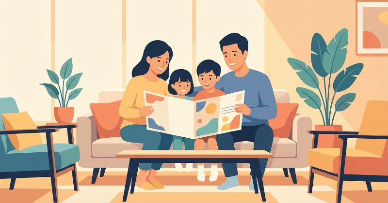 リビングで開封済みのDMを一緒に見ながら楽しそうに話す日本の家族のイラスト