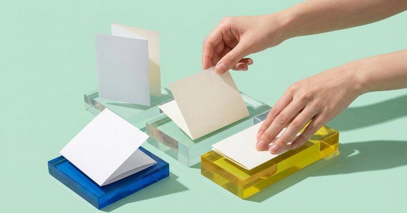 カラフルなアクリルブロックの上で、DMの形状を整理する日本人の手元