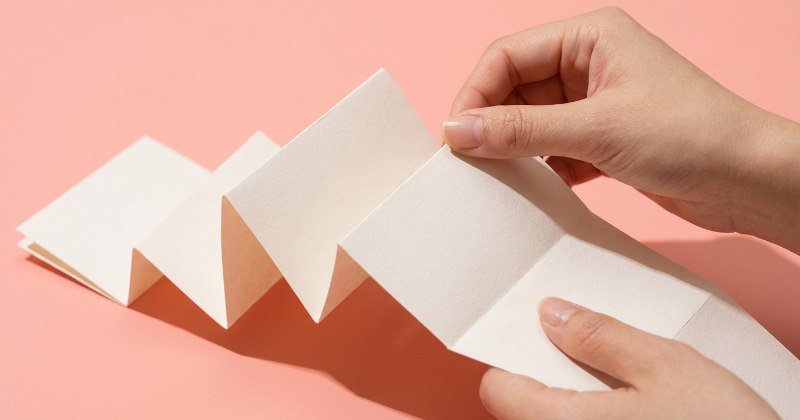 Z型DMをアコーディオンのように引き伸ばして開いている日本人の手元のクローズアップ