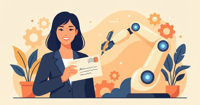 手書き風DMを持ち笑顔を浮かべる日本人女性と、ペンを持つロボットアームのイラスト