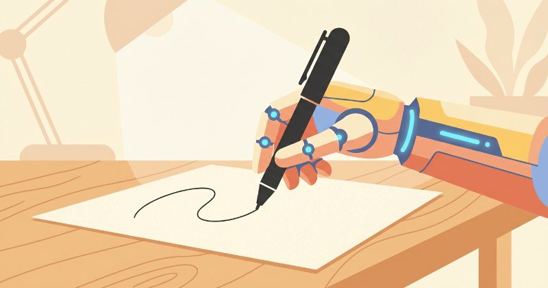 デスクの上で、本物のペンを使って紙に文字を書いているロボットアームの手元イラスト