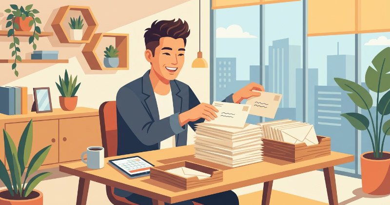 清潔感のある店舗で、お客様へのDMを整理している日本人の不動産エージェント（またはサロンスタッフ）のイラスト