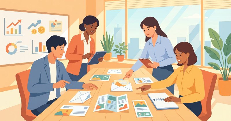 オフィスのデスクで、複数のDMサンプルを並べて比較検討している日本人ビジネスチームのイラスト