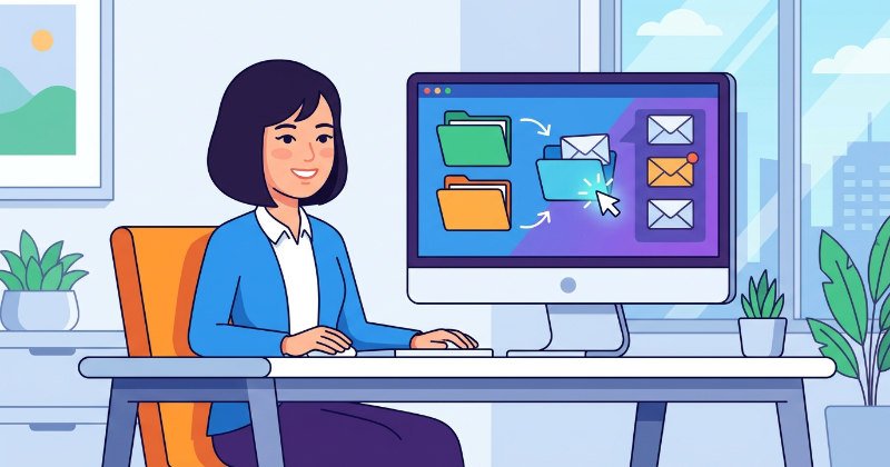 パソコン画面の顧客データベースを整理して喜ぶ日本の女性社員のイラスト