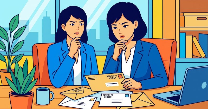戻ってきた数通の封筒を見ながら理由を考えている日本の女性社員のイラスト