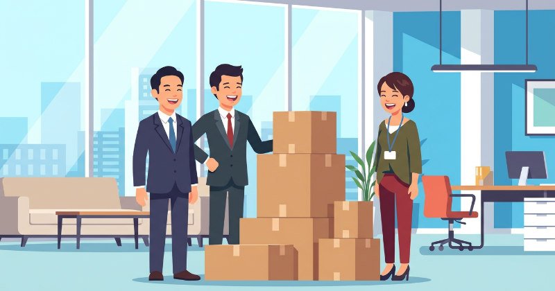 発送代行業者のスタッフと笑顔で握手を交わす日本のビジネスパーソンのイラスト