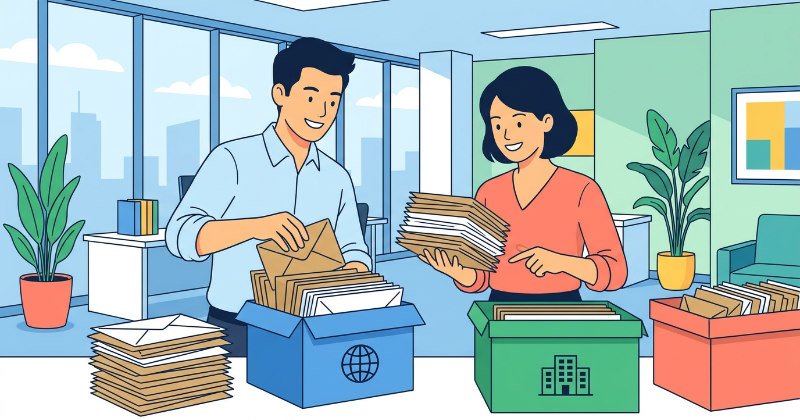 オフィスのデスクで大量の封筒をエリアごとに効率よく仕分けている日本の男女のビジネスパーソンのイラスト