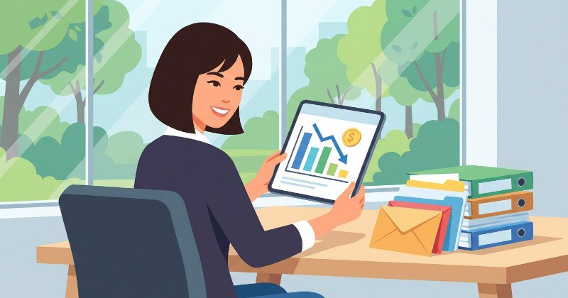 コスト削減を意味するアイコンと綺麗に仕分けられた郵便物を見て喜ぶ日本の女性社員のイラスト