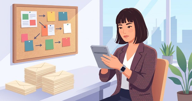 デスクで電卓を叩きながらコストやスケジュールを真剣に検討している日本の女性マーケターのイラスト