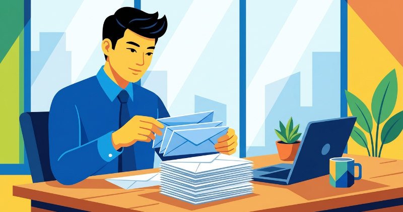 本番用の大量の封筒から、テスト用や予備用の数通を慎重に分けてカウントしている日本の男性社員のイラスト