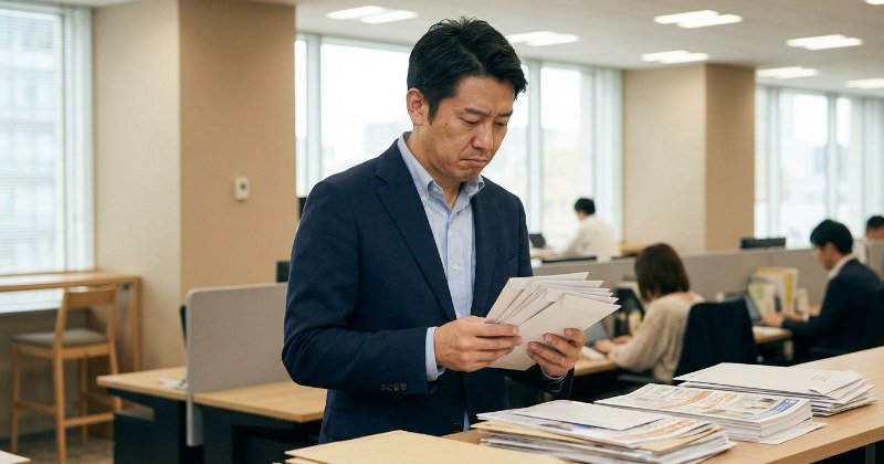 開封されずに積まれたDMと悩む担当者