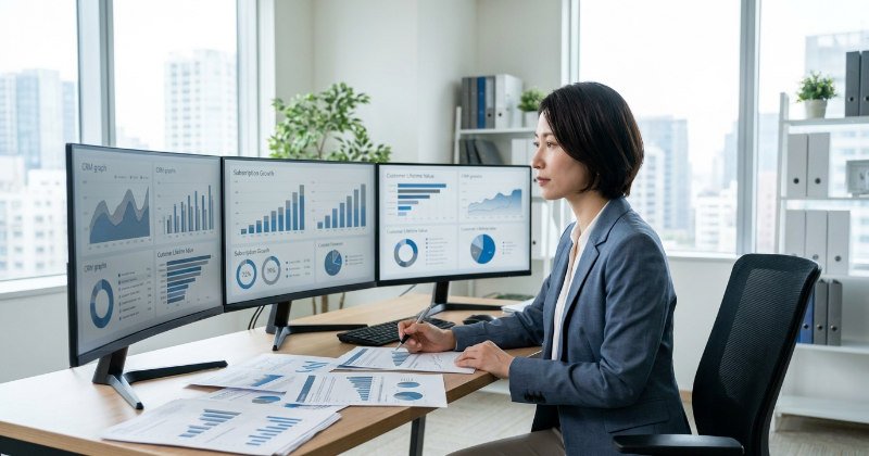 LTV分析を行う日本人マーケティング担当者