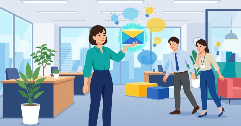 日本人女性が現代的なオフィスで、キャッチコピーによって輝くDM（ダイレクトメール）を見ているフラットなイラスト。周囲には好奇心を持った人々がいる。