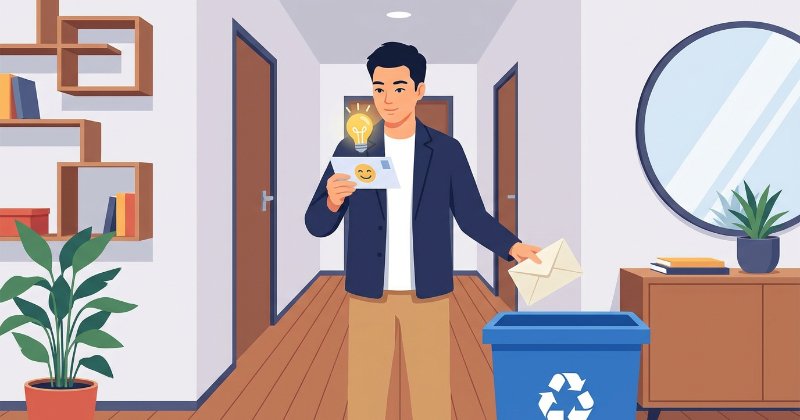 日本人男性が自宅の玄関で、魅力的なキャッチコピーのDMと、そうでないDMを比較しているフラットなイラスト。